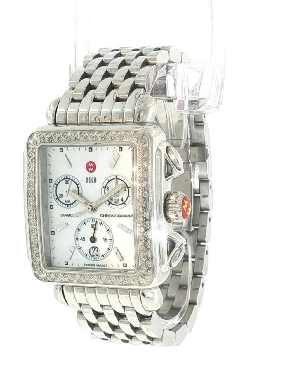 MICHELE DECO MW06A01 DIAMOND BEZEL CHRONOGRAPH QUARTZ LADIES WRISTWATCH SS MIC4